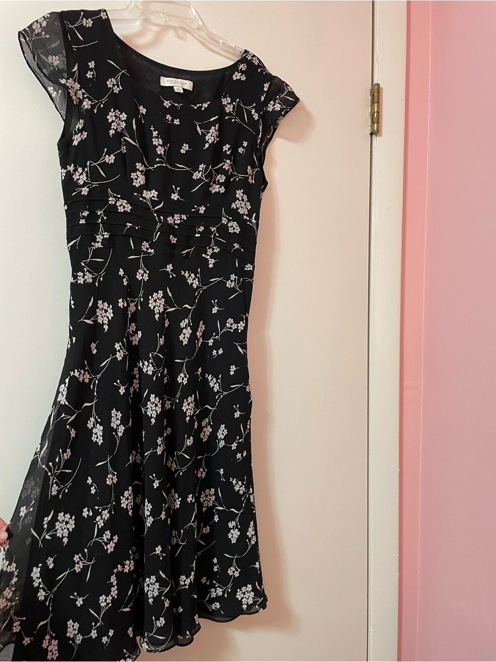 Ann Taylor silk black dress with white floral print